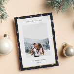 Modern Snowflake Border Christmas Photo Foil Holiday Card<br><div class="desc">Share holiday greetings with these photo Christmas cards featuring your favorite photo set on a modern and minimal background of white snowflakes on rich navy blue trimmed with gold foil. An editable message area lets you customize your holiday greeting in modern lettering. Add your family name or names beneath.</div>