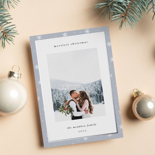 Modern Snowflake Border Christmas Photo Foil Holiday Card