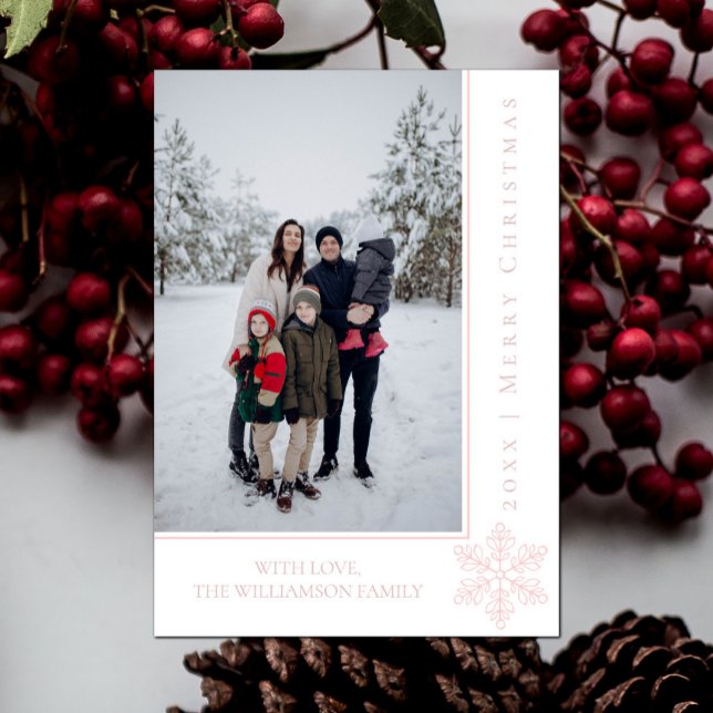 Modern Snowflake Christmas Photo Card | Pink (Pink Modern Snowflake Christmas Photo Card)