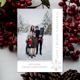 Modern Snowflake Christmas Photo Card Silver
