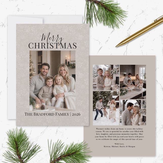 Modern Snowflake Family Christmas Photo Card (elegant merry christmas family photo holiday card with modern typography, script and 4 photo collage)