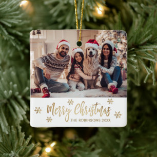 Modern Snowflake Gold and White Photo Christmas Ceramic Ornament