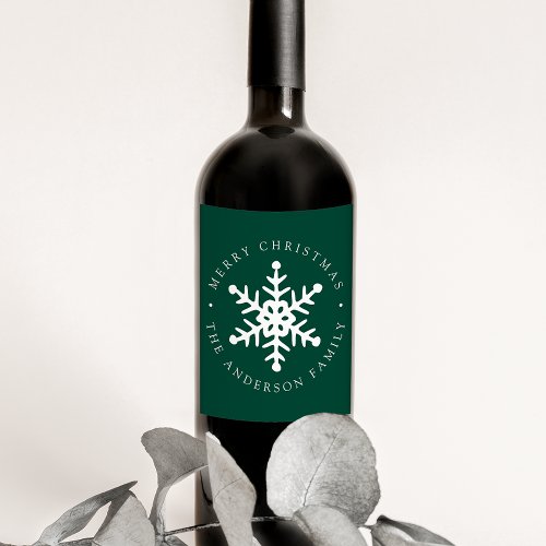 Modern Snowflake Green Holiday Wine Label