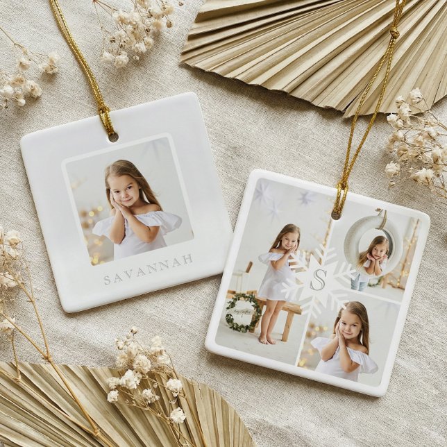 Modern Snowflake Monogram Photo Collage Keepsake Ceramic Ornament (Modern Snowflake Monogram Photo Collage Keepsake Ceramic Ornament)