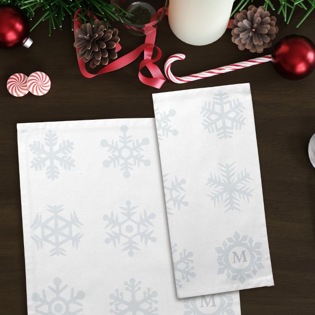 Modern Snowflake Monogram White Cloth Napkin (A festive white snowflake cloth napkin with space for your initial)