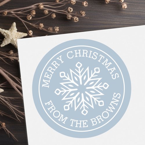 Modern snowflake name dusty blue Merry Christmas Classic Round Sticker