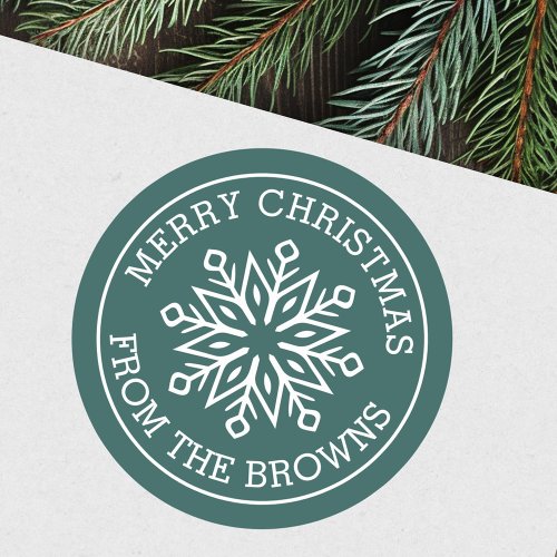 Modern snowflake name pine green Merry Christmas Classic Round Sticker