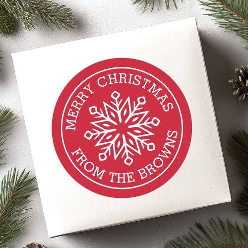Modern snowflake name red Merry Christmas Classic Round Sticker