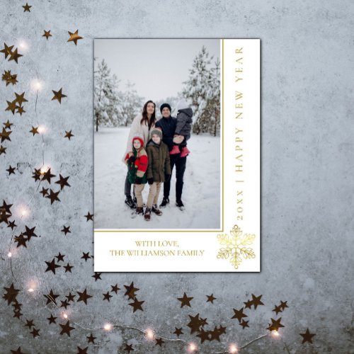 Modern Snowflake New Years Photo Card  Gold