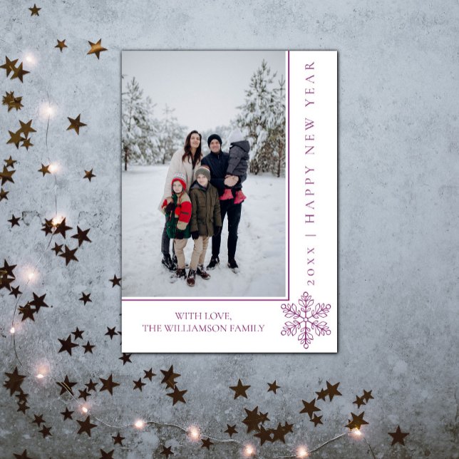 Modern Snowflake New Year's Photo Card | Magenta (Modern Snowflake New Years Photo Card - Magenta)