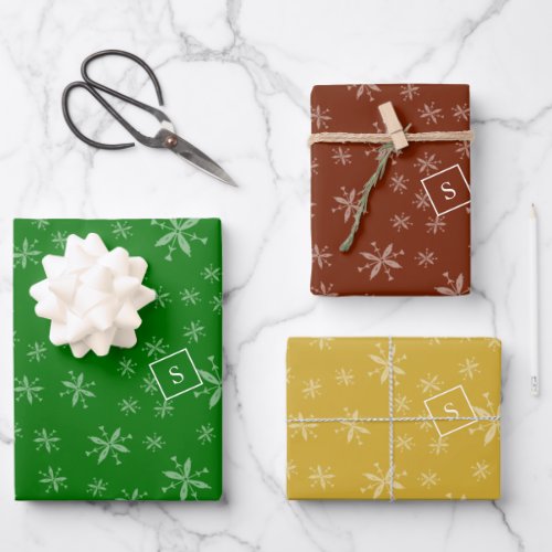 Modern Snowflake Pattern Monogrammed Red and Green Wrapping Paper Sheets