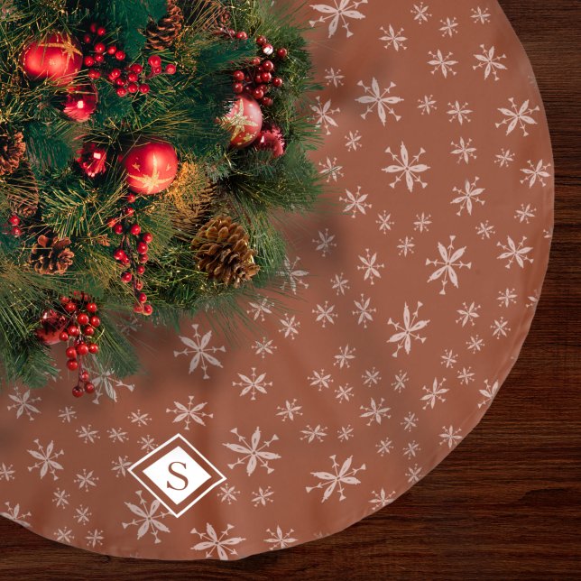 Modern Snowflake Pattern Monogrammed Red Christmas Brushed Polyester Tree Skirt (Creator Uploaded)