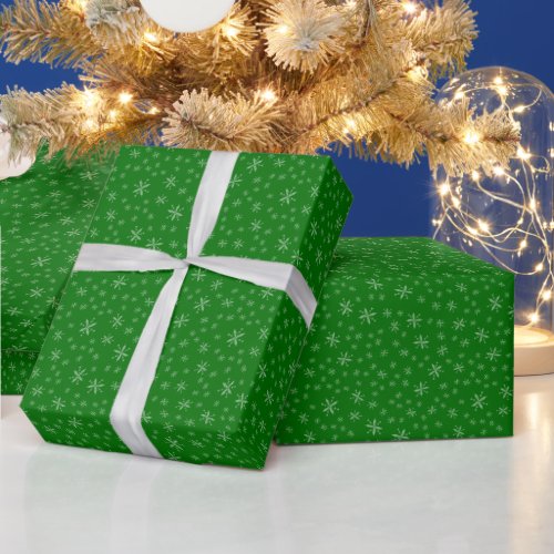 Modern Snowflake Pattern on Green Christmas Wrapping Paper