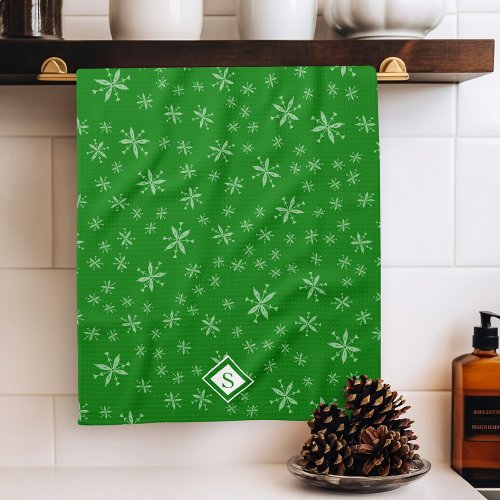 Modern Snowflake Pattern on Green Monogrammed Kitchen Towel