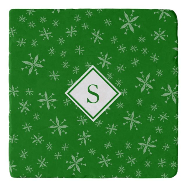 Modern Snowflake Pattern on Green Monogrammed Trivet (Front)