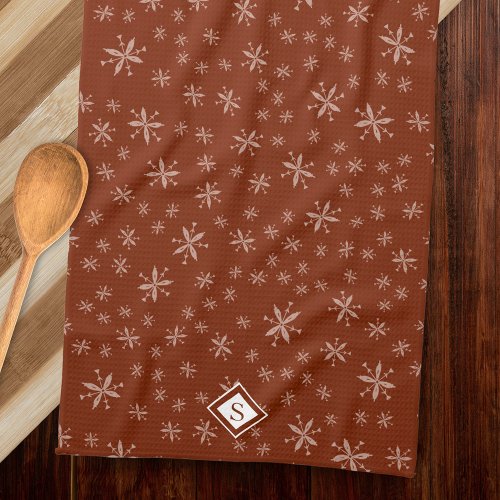 Modern Snowflake Pattern on Red Monogrammed Kitchen Towel