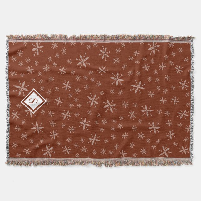 Modern Snowflake Pattern on Red Monogrammed Throw Blanket (Front)