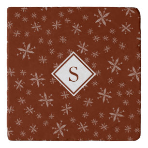 Modern Snowflake Pattern on Red Monogrammed Trivet