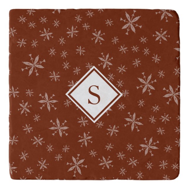 Modern Snowflake Pattern on Red Monogrammed Trivet (Front)