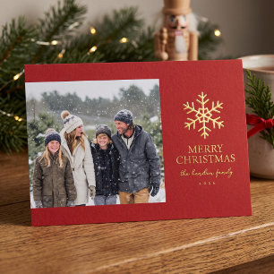 Modern Snowflake Photo Christmas Foil - Red Holiday Card