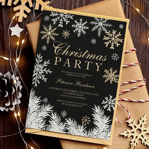 Modern snowflake pine black winter Christmas  Invitation