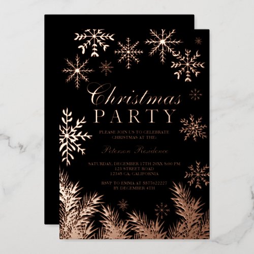 Modern snowflake pine black winter Christmas party Foil Invitation