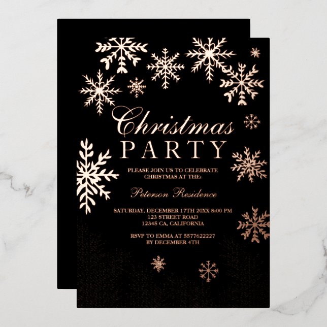 Modern snowflake pine black winter Christmas party Foil Invitation (Front/Back)