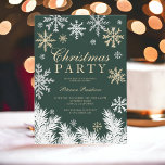 Modern snowflake pine green winter Christmas Invitation<br><div class="desc">A modern winter Holiday  Christmas gold glitter,  silver and white snowflakes illustration on editable forest green background,  all the illustrations color are editable to match your own color palette with white pine tree branches on forest green background with an elegant script typography.</div>