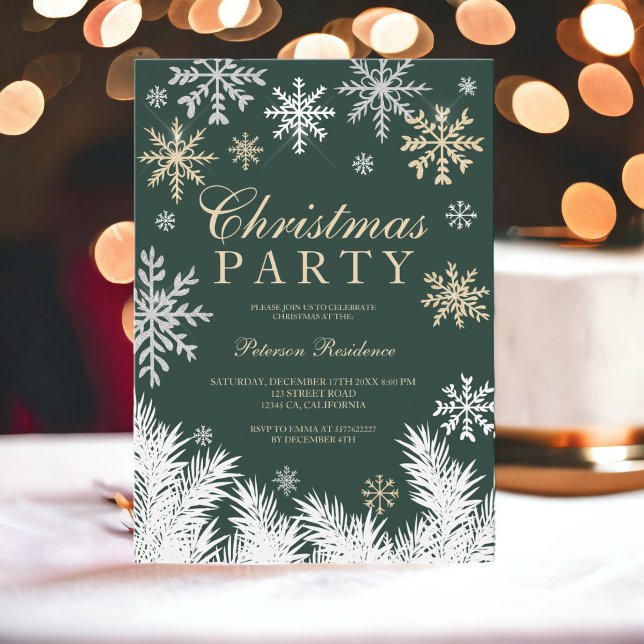 Modern snowflake pine green winter Christmas Invitation (Modern snowflake pine green winter Christmas Invitation)