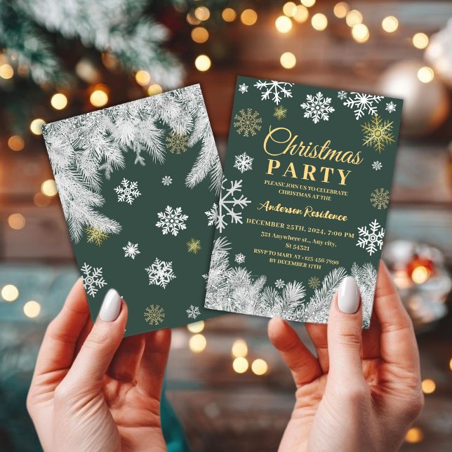 Modern snowflake pine green winter Christmas party Invitation (Creator Uploaded)