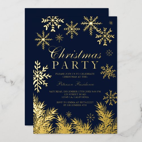 Modern snowflake pine navy winter Christmas party Foil Invitation