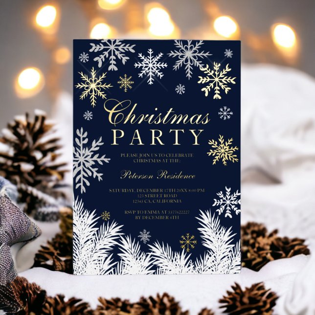 Modern snowflake pine navy winter Christmas party Foil Invitation (Creator Uploaded)