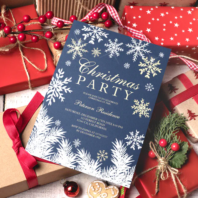 Modern snowflake pine navy winter Christmas party Invitation | Zazzle