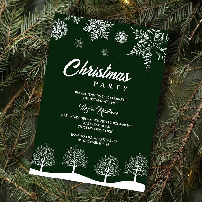 Modern Snowflake Pine Navy Winter Christmas Party Invitation (Creator Uploaded)