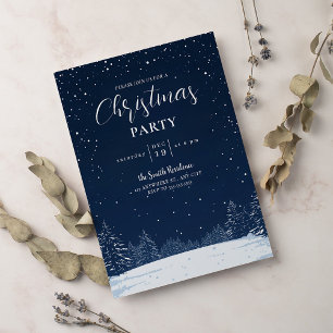 Modern snowflake pine navy winter Christmas party Invitation