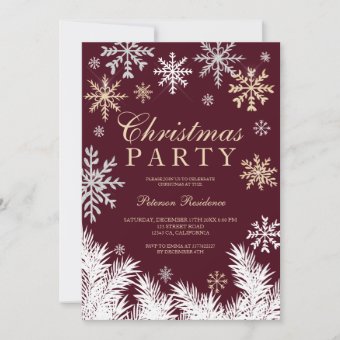 Modern Snowflake Pine Red Winter Christmas Party Invitation 