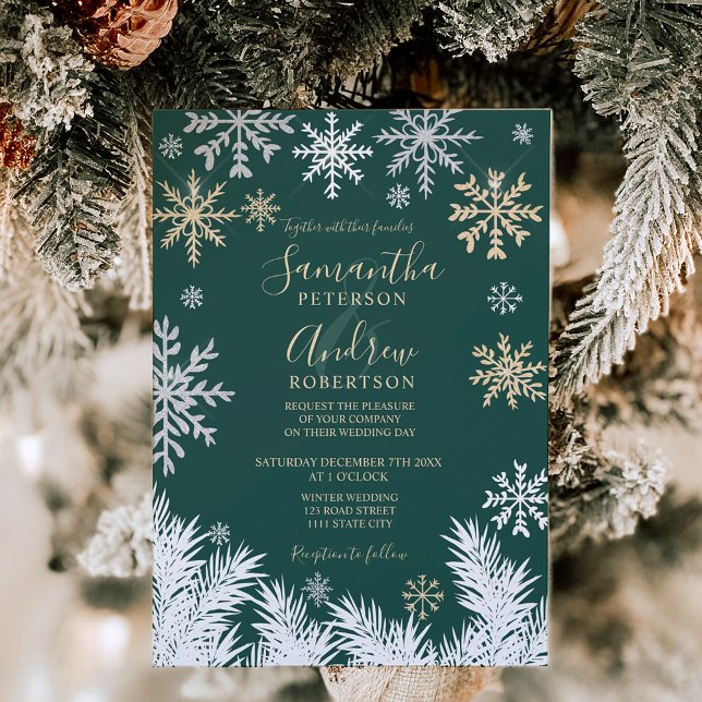 Modern snowflake pine winter Christmas wedding Invitation (Modern snowflake pine winter Christmas wedding green Invitation)