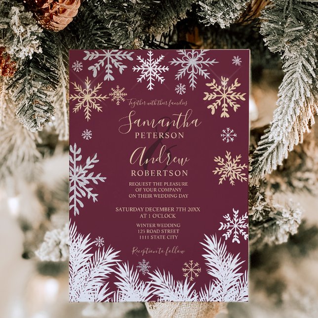 Modern snowflake pine winter Christmas wedding Invitation (Modern snowflake pine winter Christmas wedding red Invitation)