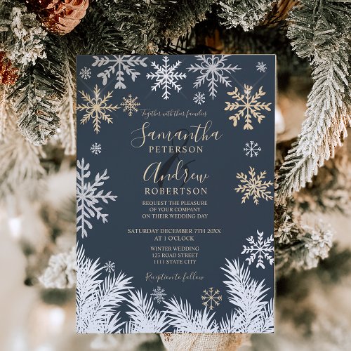 Modern snowflake pine winter Christmas wedding Invitation