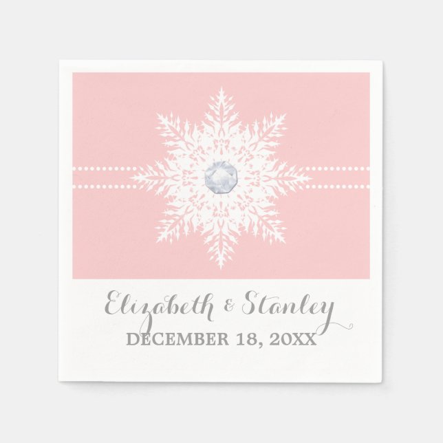 Modern snowflake pink, white winter wedding paper napkins (Front)
