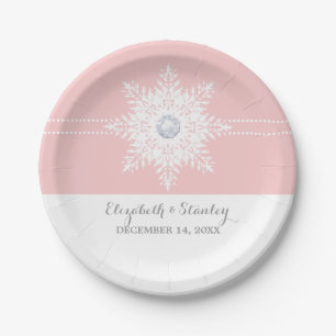 Modern snowflake pink, white winter wedding paper plates