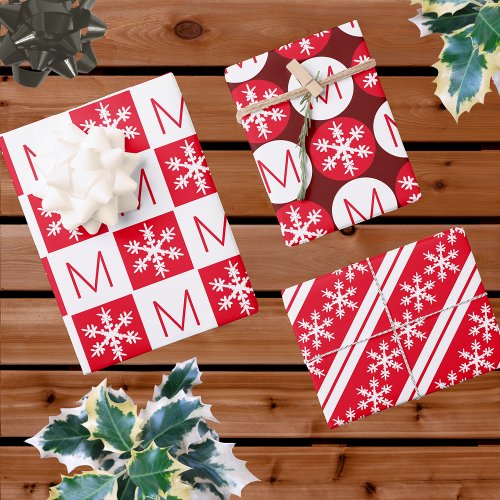 Modern Snowflake Red And White Add Monogram Wrapping Paper Sheets
