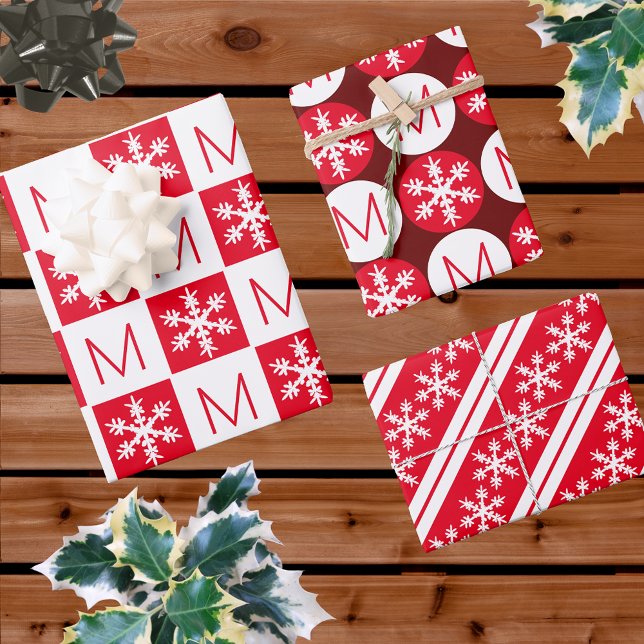 Modern Snowflake Red And White Add Monogram Wrapping Paper Sheets (Creator Uploaded)