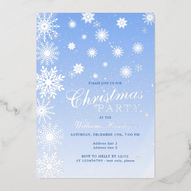 Modern Snowflake Snow Blue Winter Christmas Party Foil Invitation (Front)