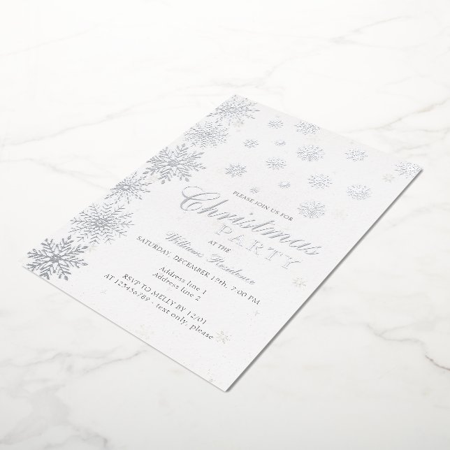 Modern Snowflake Snow White Winter Christmas Party Foil Invitation (Rotated)