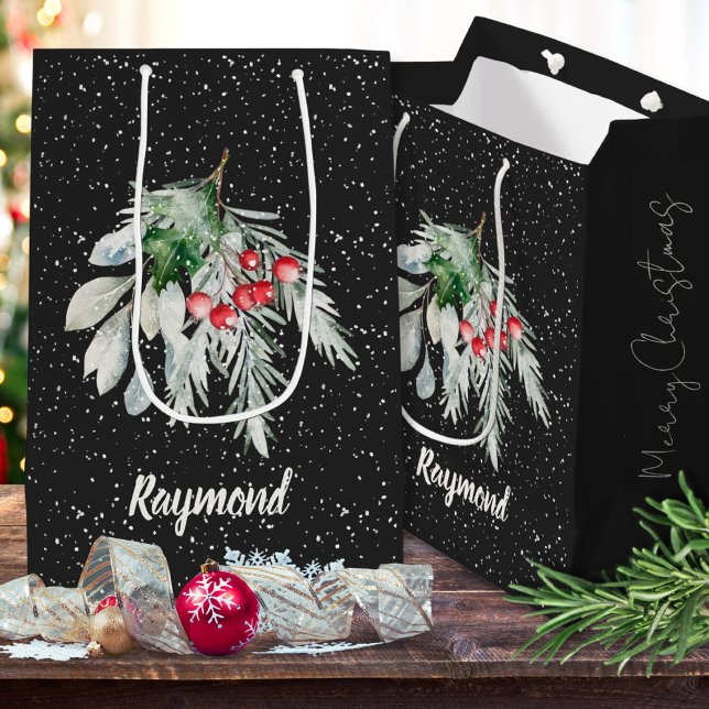 Modern Snowflake Watercolor Leaves Merry Christmas Medium Gift Bag (Creator Uploaded)