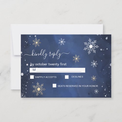 Modern Snowflake Winter Navy and Gold RSVP Card