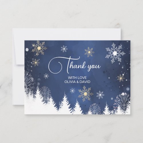Modern Snowflake Winter Navy and Gold Thank You Card