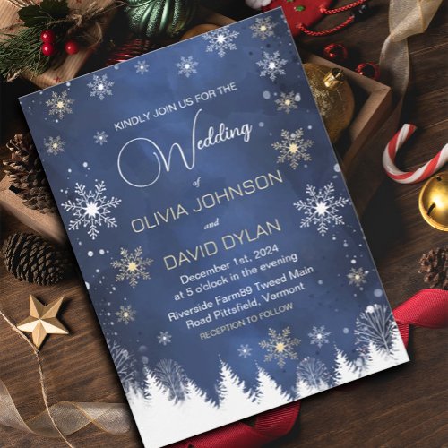 Modern Snowflake Winter Navy and Gold Wedding Invitation
