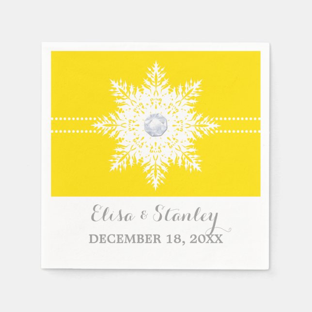 Modern snowflake yellow, white winter wedding napkins (Front)